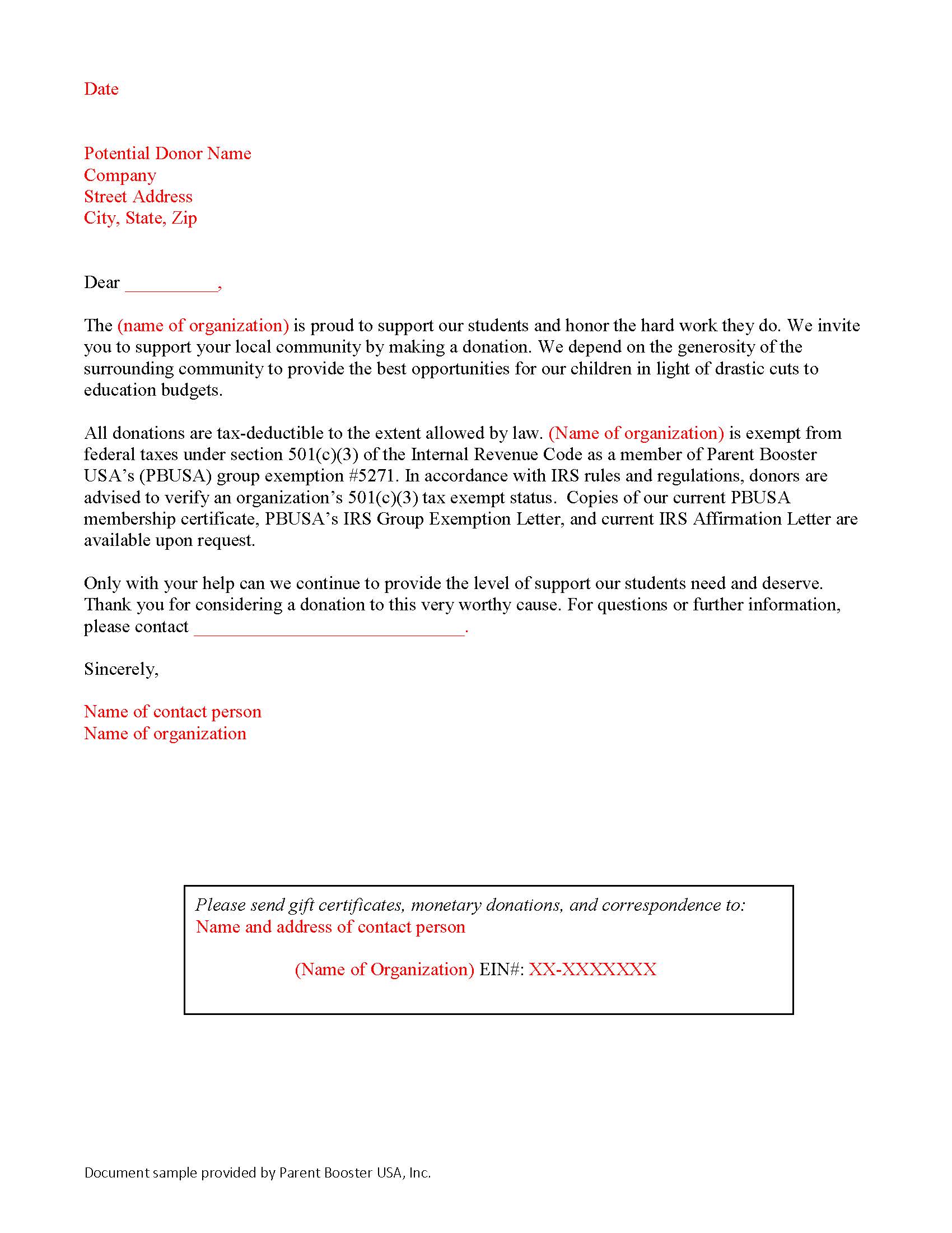 Donation Solicitation Letter Template Parent Booster USA